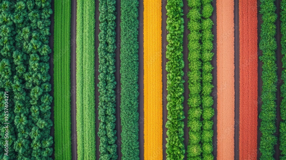 A vibrant aerial view of neatly arranged agricultural fields showcasing various colors and crop types.