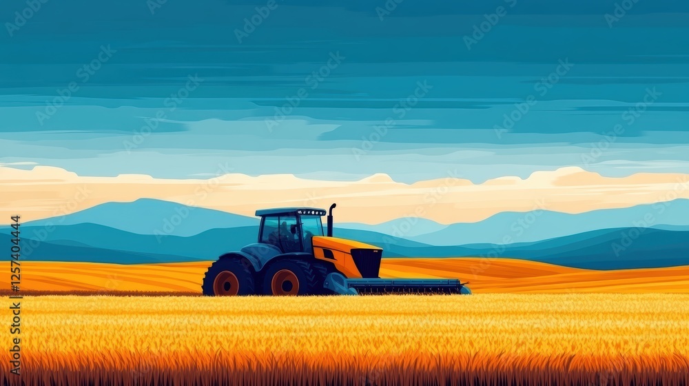 Fototapeta premium A vibrant landscape featuring a tractor working in golden fields under a blue sky with distant mountains.