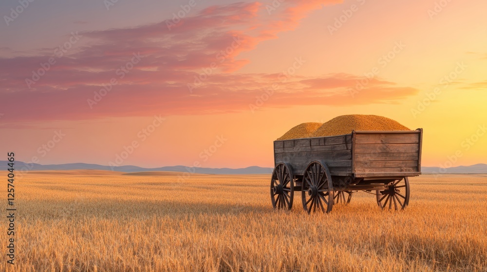 Obraz premium A rustic wooden wagon filled with golden wheat stands in a vast field under a colorful sunset, creating a serene agricultural landscape.
