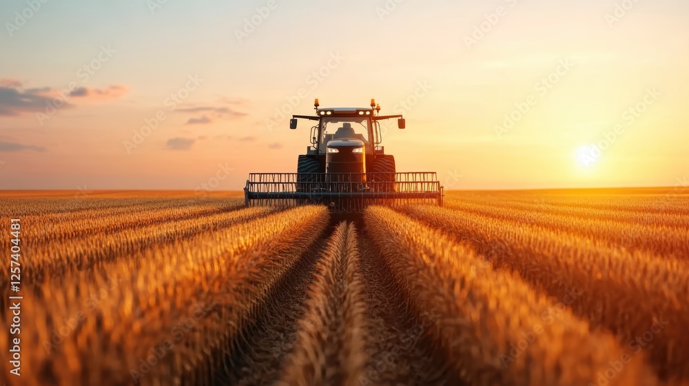 A tractor harvests wheat in a golden field during sunset, showcasing the beauty of agriculture and rural life. A tractor harvests wheat in a golden field during sunset, showcasing the beauty of agriculture and rural life.