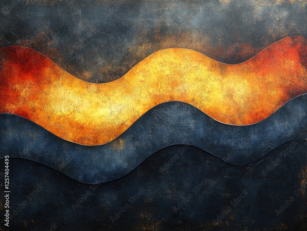 Abstract art with wavy, textured layers in dark blue, orange, and gold. Ideal for backgrounds, website design, or artistic projects needing a dramatic feel. Abstract art with wavy, textured layers in dark blue, orange, and gold. Ideal for backgrounds, website design, or artistic projects needing a dramatic feel.