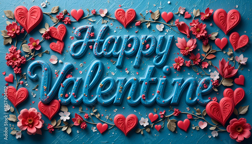 Embossed Happy Valentine's text, a combination of blue, surrounded by a heart symbol. ai generated image