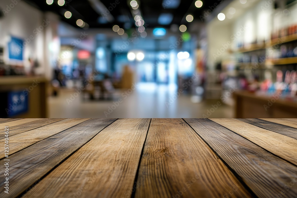 Wooden table, retail store background, product display, blurred shop Wooden table, retail store background, product display, blurred shop