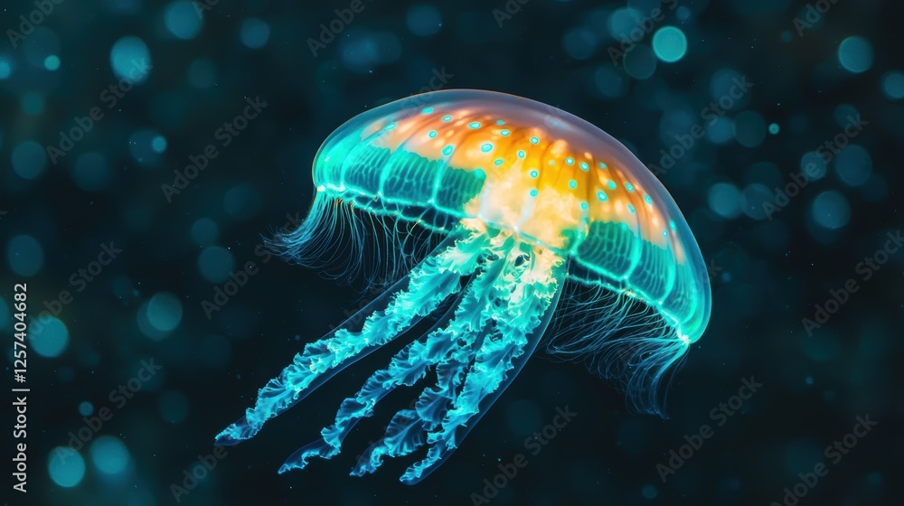 A vibrant jellyfish illuminates the deep sea, showcasing its bioluminescent glow against a dark, shimmering background. A vibrant jellyfish illuminates the deep sea, showcasing its bioluminescent glow against a dark, shimmering background.