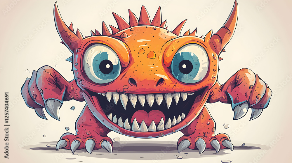 Fototapeta premium Illustration Orange Monster Big Eyes Teeth Claws Grin Fantasy Creature