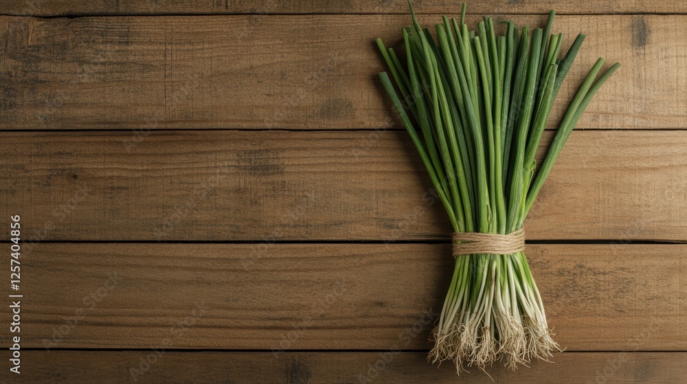 A fresh bunch of green onions tied with twine, resting on a rustic wooden surface. A fresh bunch of green onions tied with twine, resting on a rustic wooden surface.