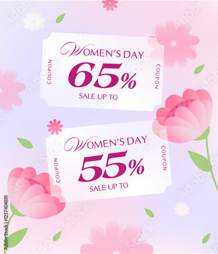 Minimal Woman day Coupon banner template with coupon code, price off percentage isolated on gradient background with flowers and leafs. Woman day gift voucher in vector illustration. Vector