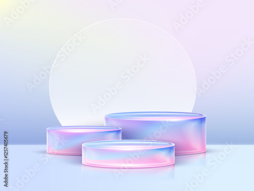 3d pastel gradient podium for product showcase banner template with background behind. Product stage with backdrop for sale off event. 3d vector. Vector illustration