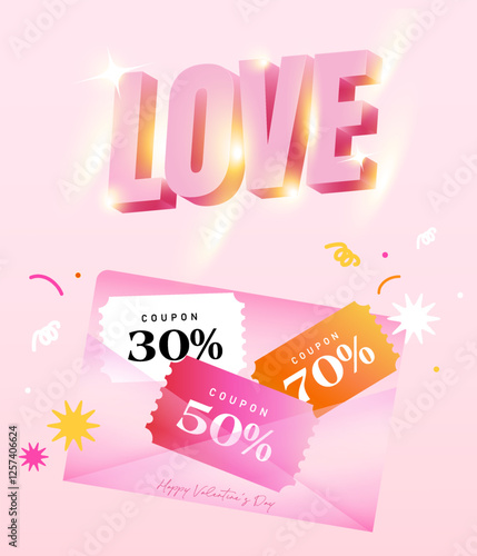 3d colorful valentine coupons inside a transparent pink envelope, isolated on background with heart icons flying around. Love gift voucher banner template with coupon code in 3d vector. Vector