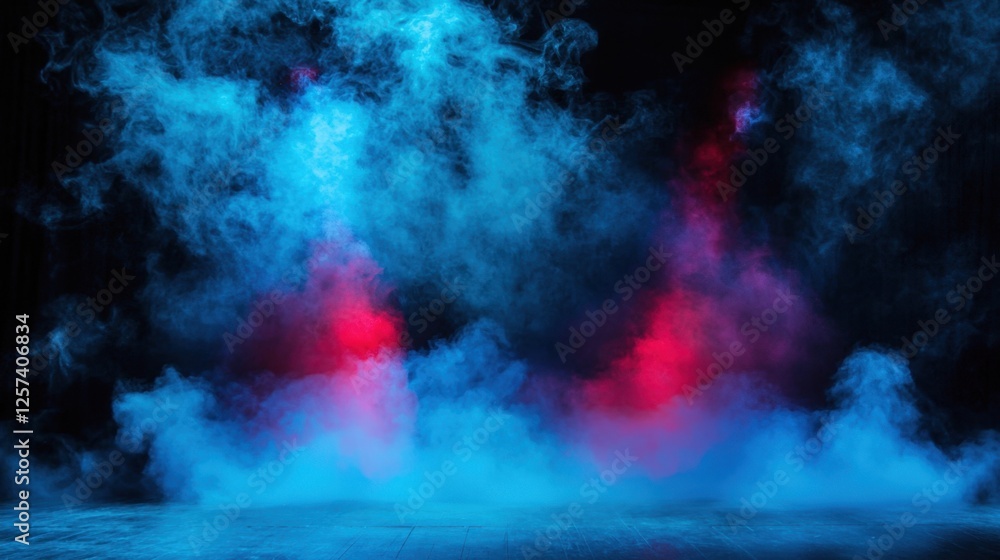 Obraz premium A thrilling light show featuring energetic red and blue laser beams glowing through stage fog.