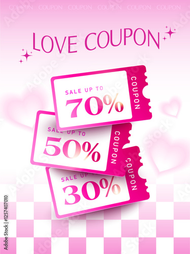 3d colorful valentine coupons inside a transparent pink envelope, isolated on background with heart icons flying around. Love gift voucher banner template with coupon code in 3d vector. Vector