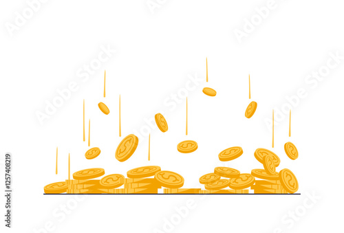 Golden falling coins, lots of money lying on table, casino winnings, investment income, flat cartoon illustration isolated on white background.