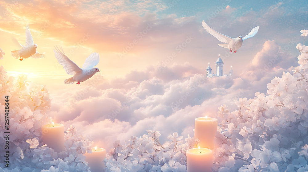 Fototapeta premium sky funeral background with white dove, copy space for text
