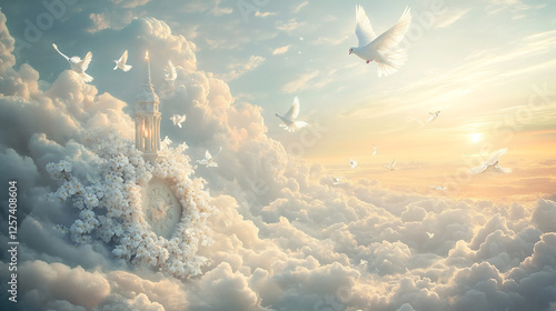sky funeral background with white dove, copy space for text