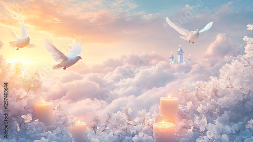 sky funeral background with white dove, copy space for text