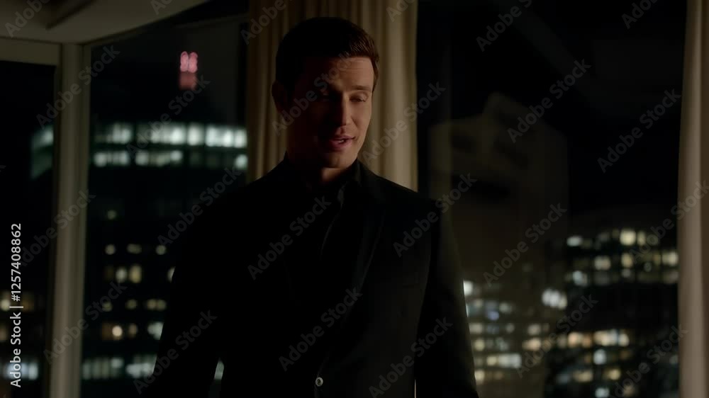 Man in Suit by Window at Night Man in Suit by Window at Night