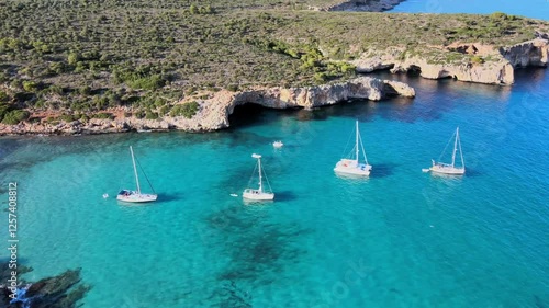 Wallpaper Mural Experience the stunning beauty of Cala Varques, located near Porto Cristo in Majorca. Sailboats float serenely in the vibrant turquoise waters, surrounded by lush greenery and rocky cliffs. Torontodigital.ca