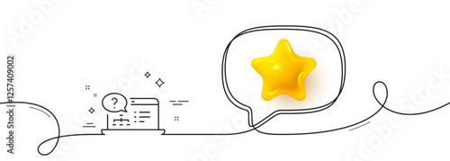 Question mark line icon. Continuous line with 3d star. Online quiz test sign. 3d star in speech bubble. Online help single line ribbon. Loop curve pattern. Vector
