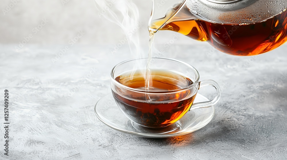 Hot Tea Pouring from Glass Teapot into Elegant Clear Cup Hot Tea Pouring from Glass Teapot into Elegant Clear Cup