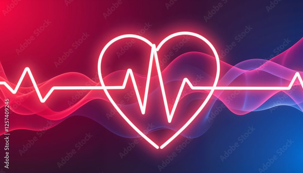 Neon heart with ECG line and light waves on dark background Neon heart with ECG line and light waves on dark background