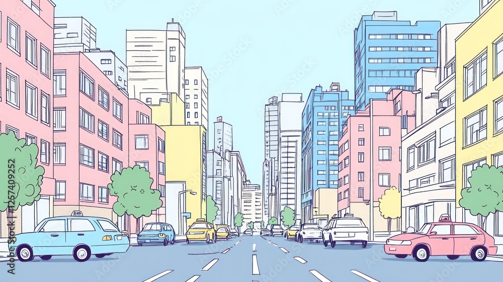 Obraz premium City street pastel illustration, urban scene, cars parked, background skyscrapers, website banner