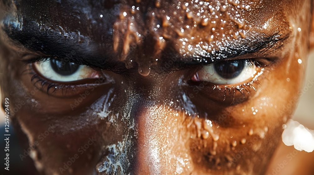 Close-up of a focused individual with water droplets on their face, highlighting determination and intensity Close-up of a focused individual with water droplets on their face, highlighting determination and intensity