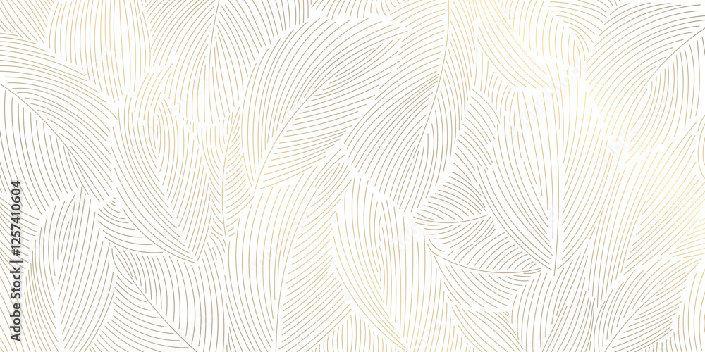 Vector golden leaves art deco pattern, flower line luxury motif, fancy nouveau nature background. Wavy japanese elegant wallpaper, foliage illustration
