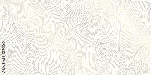 Vector golden leaves art deco pattern, flower line luxury motif, fancy nouveau nature background. Wavy japanese elegant wallpaper, foliage illustration
