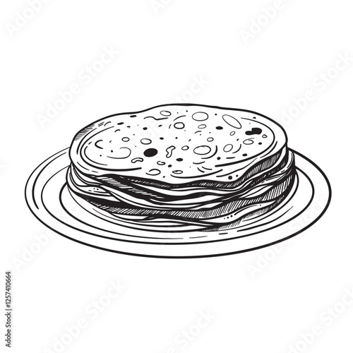 Stack of thin russian pancakes on the plate, ink sketch, hand drawn vector illustration. Maslenitsa theme. For cafe, restaurant, food drawing.
