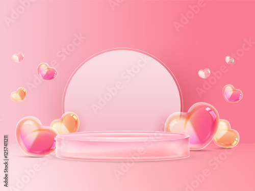 3d valentine glass podium for product showcase banner template with flying crystal glass hearts around. Valentine love product stage for sale off event. 3d vector. Vector illustration