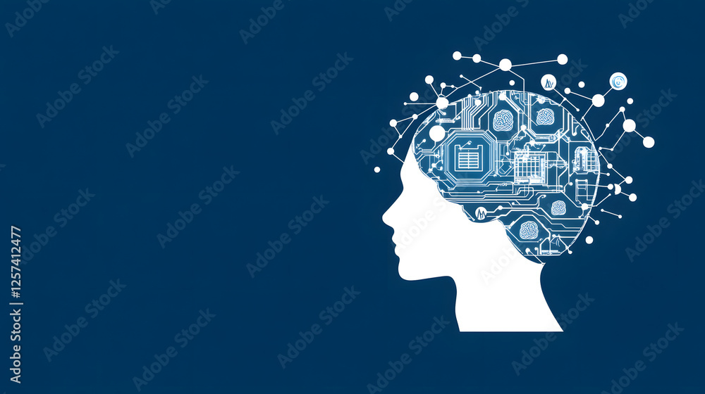 Vector illustration of a digital brain and icons with data.
Vector illustration of a digital brain and icons with data.