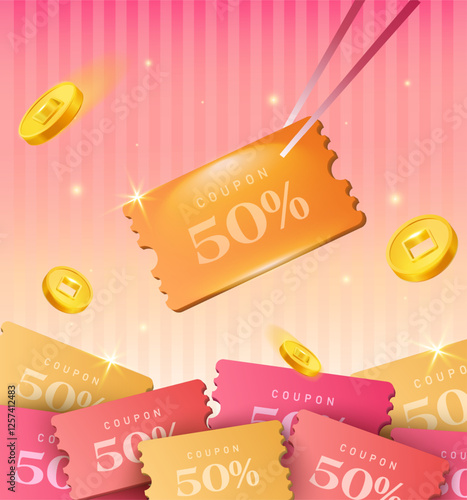 Unlimited 3d coupons picked up by chopsticks with golden coins flying around, isolated on gradient background. Special Giveaway gift vouchers in 3d vector. Vector illustration