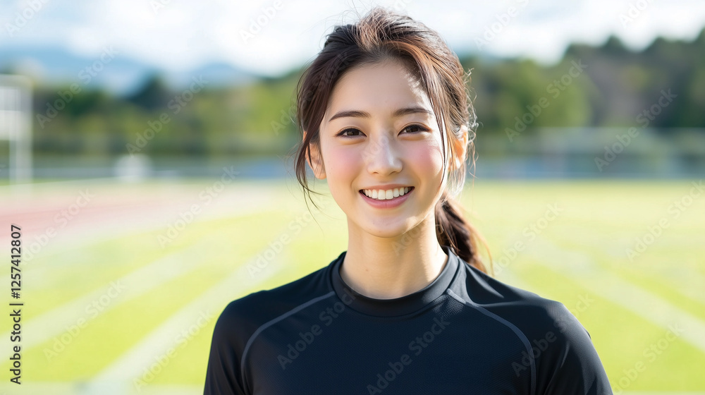 Smiling female athlete on track field, ready for training Smiling female athlete on track field, ready for training