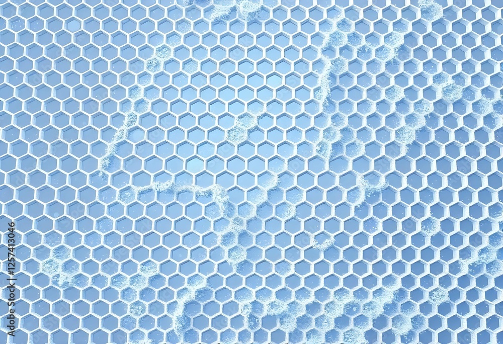 Fototapeta premium honeycomb mosaic background in a winter setting. Realistic geometric mesh cells texture reflecting soft blue light. Abstract wallpaper with hexagon grid covered in frost, creating a crystalline effect