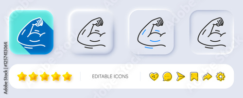 Strong arm line icon. Neumorphic, Flat shadow, 3d buttons. Strength muscle sign. Gym fit training symbol. Line strong arm icon. Social media icons. Vector