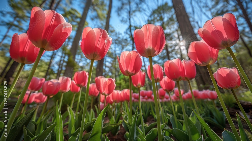 Vibrant pink tulips bloom in a lush forest, capturing sunlight, surrounded by tall trees Vibrant pink tulips bloom in a lush forest, capturing sunlight, surrounded by tall trees