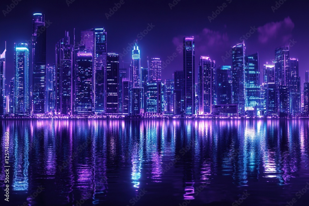 Fototapeta premium Neon City Skyline Reflects on Calm Water at Night: Urban Majesty, Vibrant Hues, Architectural Wonders, Glowing Lights