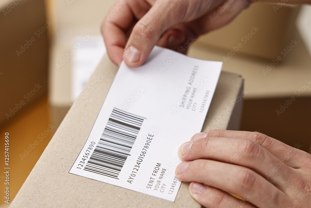 Obraz premium Man sticking shipping label with barcode on parcel indoors, closeup