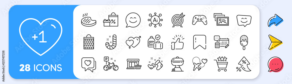 Santa boots, Gamepad and Grilled steak line icons. Interest rate, AI generate, Inflation icons. Pack of Ice cream, Photo album, Bike icon. Smile chat, Account, Archery pictogram. Vector Santa boots, Gamepad and Grilled steak line icons. Interest rate, AI generate, Inflation icons. Pack of Ice cream, Photo album, Bike icon. Smile chat, Account, Archery pictogram. Vector