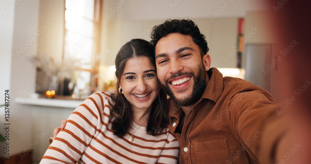 Fototapeta premium Couple, selfie and laughing in home embrace, photography and capture memory in relationship. Partner, romance and social media update on commitment, bonding and post moment of affection in marriage
