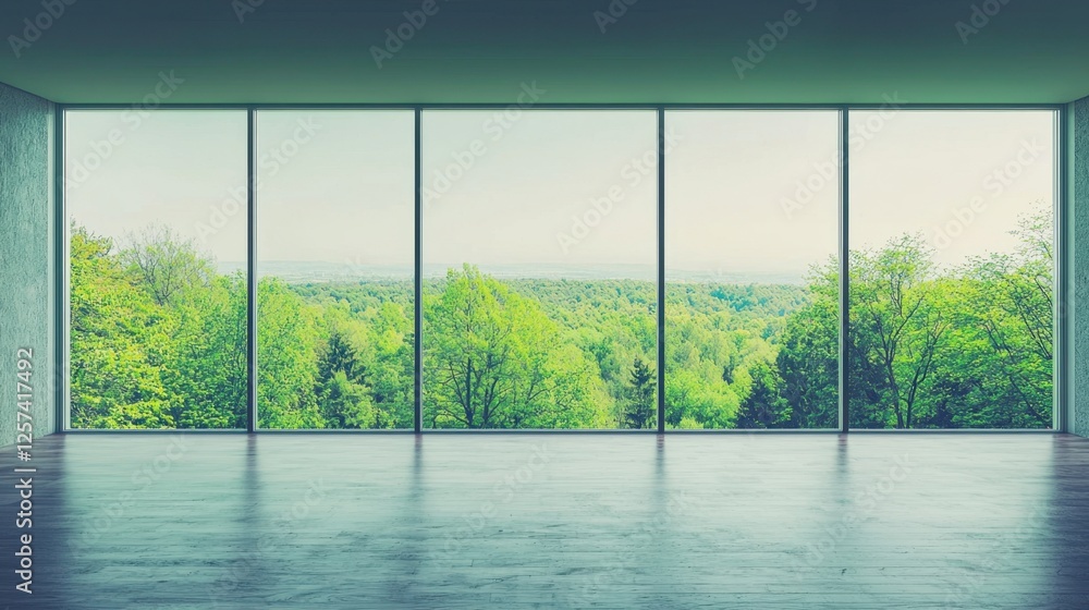 Naklejka premium An elegant apartment with a glass wall showcases a lush green forest under a peaceful sky.