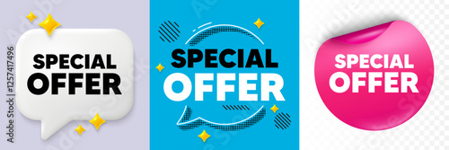Special offer speech bubble. 3d sparkles chat, Paper sticker. Special offer tag. Sale sign. Advertising Discounts symbol. Special offer bubble. Halftone dots pattern. Vector