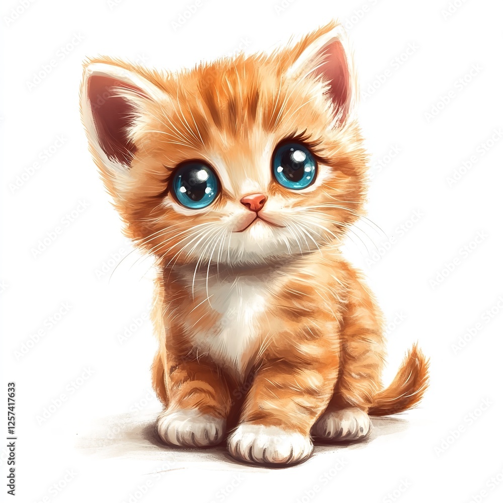 Obraz premium Adorable Orange Kitten with Big Blue Eyes Cute Baby Cat Sitting Posing Fluffy Soft Fur Sweet Innocent Animal Pet Graphic Illustration Digital Painting