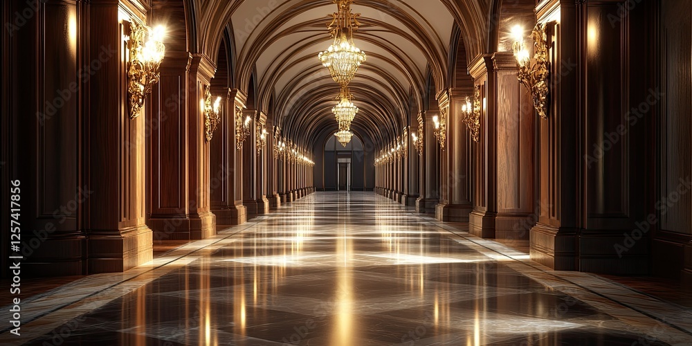 Obraz premium Elegant Grand Hallway with Ornate Woodwork and Crystal Chandeliers