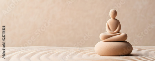 Mindfulness A serene sculpture of a meditative figure sits atop a smooth stone, surrounded by gentle, wavy patterns in a calming, neutral environment.