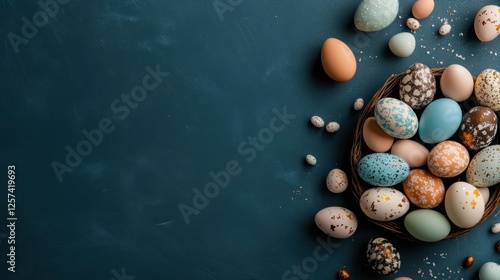 Easter Eggs in Nest on Dark Blue