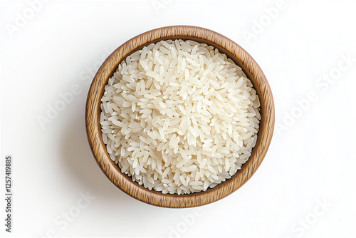 White long-grain jasmine rice in wooden bowl isolated on white background  photo