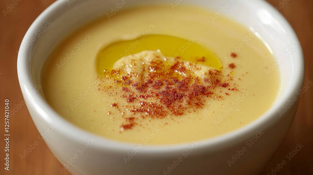 Creamy yellow soup in a white bowl, drizzled with olive oil and a sprinkle of red spice -ai Creamy yellow soup in a white bowl, drizzled with olive oil and a sprinkle of red spice -ai