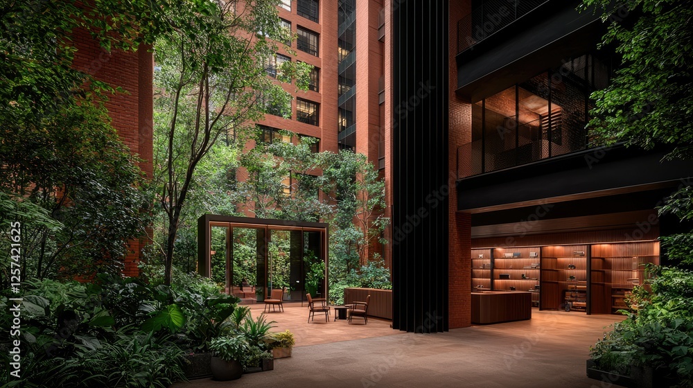 Fototapeta premium Lush Courtyard Oasis Within Modern Brick Building