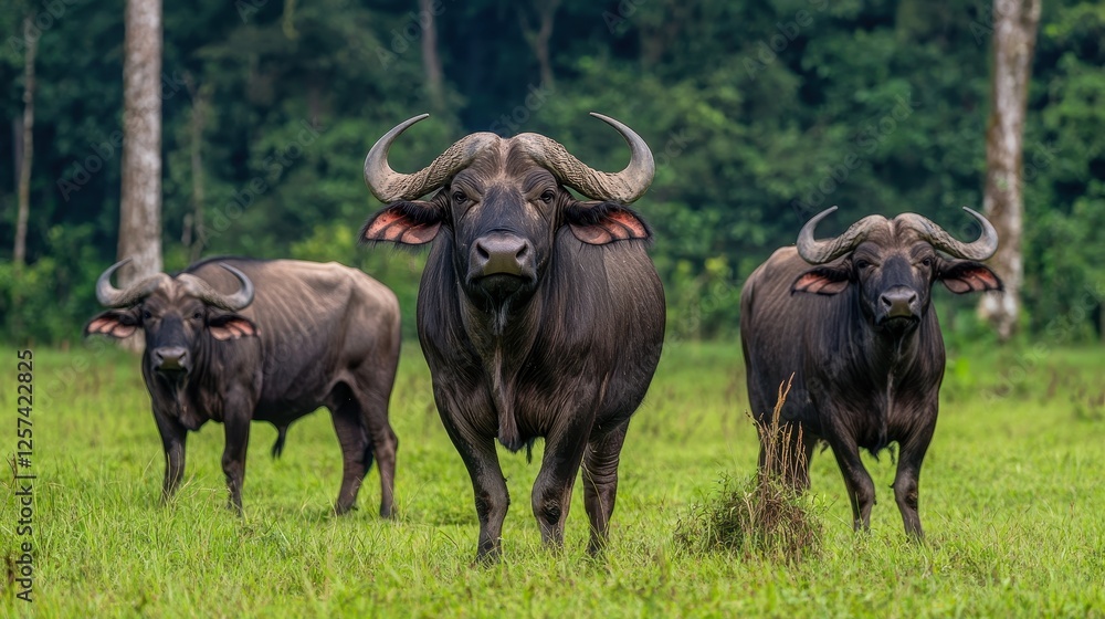Majestic Water Buffalos Grazing in Lush Green Meadow Surrounded by Dense Forest Ecosystem Majestic Water Buffalos Grazing in Lush Green Meadow Surrounded by Dense Forest Ecosystem